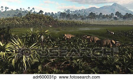 Dinosaurs graze the lush delta lands of North America 76-74 million years ago. View Large Illustration Stock Illustration - Dinosaurs graze the lush delta lands of North America 76-74 million years ago.. Fotosearch