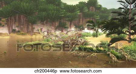 Dinosaurs grazing along a Cretaceous river. View Large Illustration Stock Illustration - Dinosaurs grazing along a Cretaceous river.. Fotosearch