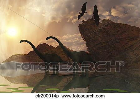 Diplodocus dinosaurs and pterodactyl birds greet the early morning mist. View Large Illustration Stock Illustration - Diplodocus dinosaurs and pterodactyl birds greet the early morning mist.. Fotosearch