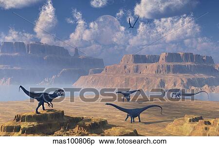 Diplodocus dinosaurs being stalked by a carnivorous Allosaurus. View Large Illustration Stock Illustration - Diplodocus dinosaurs being stalked by a carnivorous Allosaurus.. Fotosearch