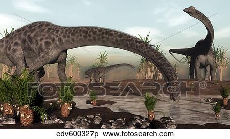 Diplodocus dinosaurs grazing near a desert lake. View Large Illustration Stock Illustration - Diplodocus dinosaurs grazing near a desert lake.. Fotosearch