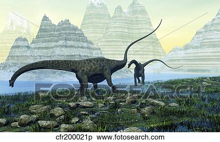 Diplodocus dinosaurs munch on vegetation near a mountain lake. View Large Illustration Stock Illustration - Diplodocus dinosaurs munch on vegetation near a mountain lake.. Fotosearch