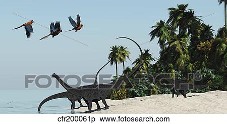 Diplodocus dinosaurs take a drink in a hot tropical region. View Large Illustration Stock Illustration - Diplodocus dinosaurs take a drink in a hot tropical region.. Fotosearch