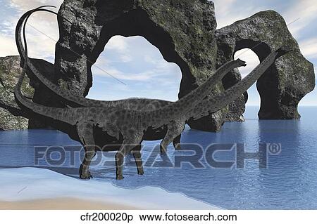 Stock Illustration - Diplodocus dinosaurs wade through shallow waters of a beautiful seashore.. Fotosearch