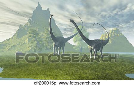 Stock Illustration - Diplodocus dinosaurs walk together in the afternoon in the prehistoric age.. Fotosearch