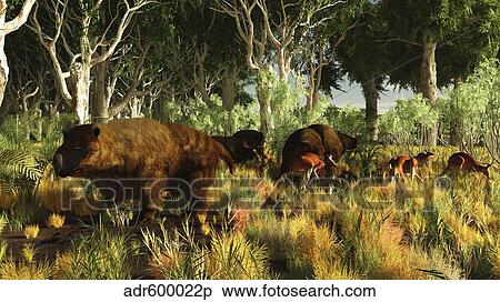 Diprotodon on the edge of a Eucalyptus forest with some early kangaroos. View Large Illustration Stock Illustration - Diprotodon on the edge of a Eucalyptus forest with some early kangaroos.. Fotosearch