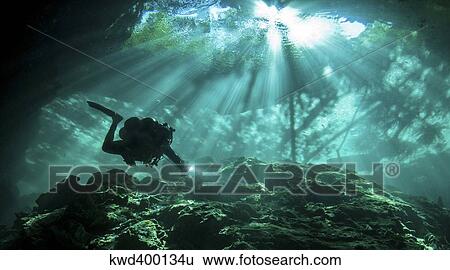 Diver passes through light beams in Chac Mool cenote in Mexico. View Large Photo Image Stock Photograph - Diver passes through light beams in Chac Mool cenote in Mexico.. Fotosearch