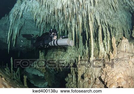 Diver using side mount gear in cave in Mexico. View Large Photo Image Stock Photograph - Diver using side mount gear in cave in Mexico.. Fotosearch