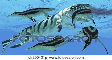 Stock Illustration - Dolichorhynchops plesiosaurs try to evade a Dakosaurus marine reptile.. Fotosearch