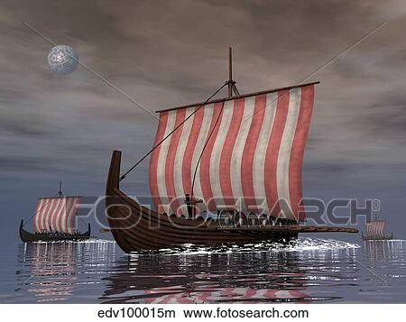 Drekar Viking ships navigating the ocean at night. View Large Illustration Stock Illustration - Drekar Viking ships navigating the ocean at night.. Fotosearch