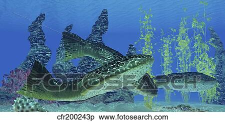Stock Illustration - Drepanaspis gemuendenensis, an extinct primitive jawless fish from the Devonian Period.. Fotosearch