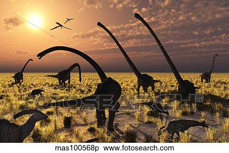 Stock Illustration - Duckbill dinosaurs and large sauropods share a feeding ground.. Fotosearch