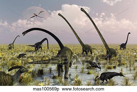 Duckbill dinosaurs and large sauropods share a feeding ground. View Large Illustration Stock Illustration - Duckbill dinosaurs and large sauropods share a feeding ground.. Fotosearch