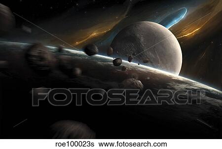 Dynamic space scene with incoming asteroids. View Large Illustration Stock Illustration - Dynamic space scene with incoming asteroids.. Fotosearch
