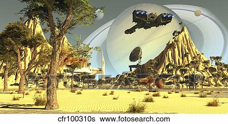 Stock Illustration - Earth colonists set up a spaceport for incoming on Saturn's moon Titan.. Fotosearch