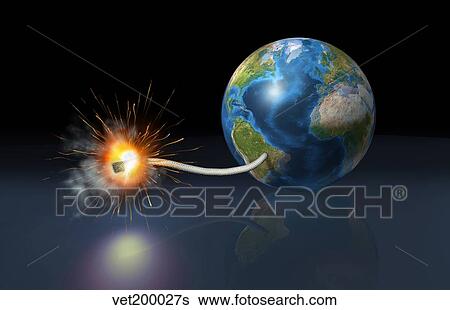 Stock Illustration - Earth globe with a fuse lighted up as a time bomb.. Fotosearch