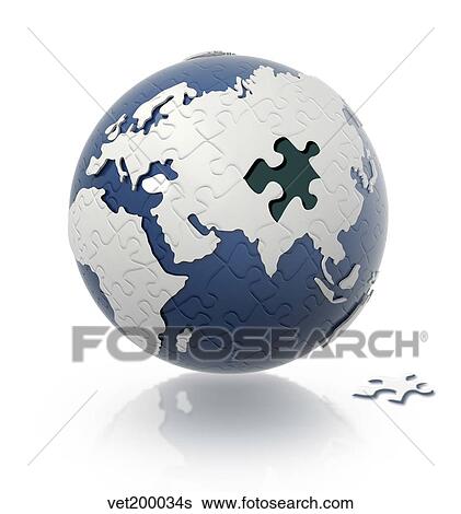 Stock Illustration - Earth globe with puzzle pattern and one piece on the floor.. Fotosearch