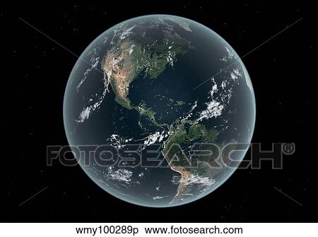 Stock Illustration - Earth's Western hemisphere with rise in sea level 330 feet above average.. Fotosearch