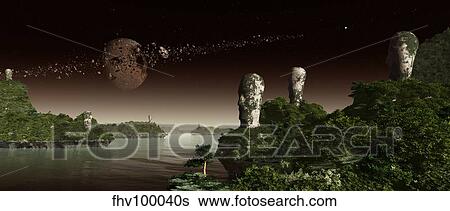 Stock Illustration - Easter Island like heads on an alien world. In the sky a broken moon.. Fotosearch
