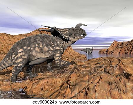 Einiosaurus dinosaur on a rock observing an Argentinosaurus. View Large Illustration Stock Illustration - Einiosaurus dinosaur on a rock observing an Argentinosaurus.. Fotosearch