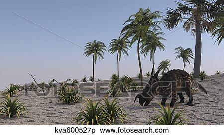 Einiosaurus grazing in a tropical climate. View Large Illustration Stock Illustration - Einiosaurus grazing in a tropical climate.. Fotosearch