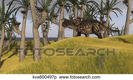 Einiosaurus in a grassy field. View Large Illustration Stock Illustration - Einiosaurus in a grassy field.. Fotosearch