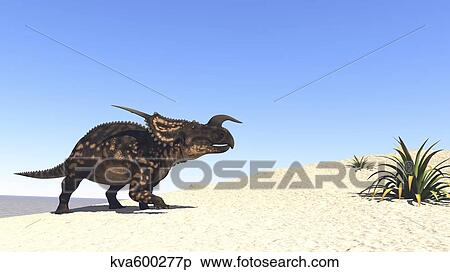 Einiosaurus walking across a barren landscape. View Large Illustration Stock Illustration - Einiosaurus walking across a barren landscape.. Fotosearch