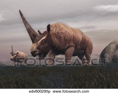 Elasmotherium dinosaurs grazing in the steppe grass. View Large Illustration Stock Illustration - Elasmotherium dinosaurs grazing in the steppe grass.. Fotosearch