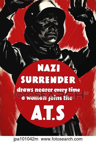 English World War II poster featuring a Nazi soldier raising hands in surrender. View Large Illustration Stock Illustration - English World War II poster featuring a Nazi soldier raising hands in surrender.. Fotosearch