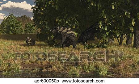 Eremotherium approaches a pair of Arctodus grazing on trees. View Large Illustration Stock Illustration - Eremotherium approaches a pair of Arctodus grazing on trees.. Fotosearch