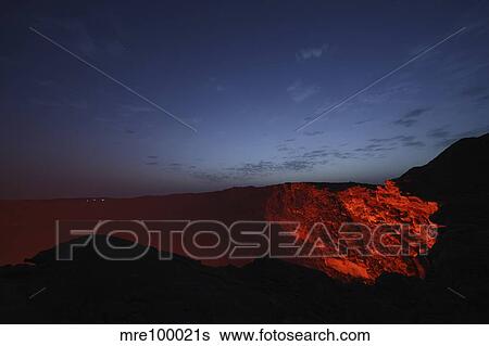 Stock Photograph - Erta Ale morning dawn lavalake reflection, Danakil depression, Ethiopia.. Fotosearch