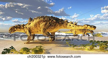 Stock Illustration - Euoplocephalus dinosaurs munch on melons on an ocean beach.. Fotosearch