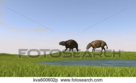Stock Illustration - Eurohippus grazing along a swamp.. Fotosearch