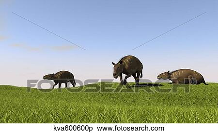 Stock Illustration - Eurohippus grazing prehistoric grasslands.. Fotosearch
