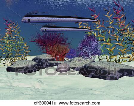 Stock Illustration - Exotic fish swim over a colorful reef.. Fotosearch