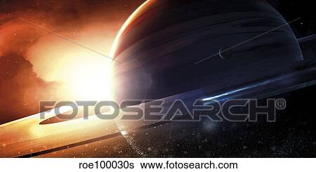 Expedition to a Saturn-like planet. View Large Illustration Stock Illustration - Expedition to a Saturn-like planet.. Fotosearch