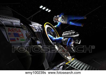 Explorers in space suits exit an Asteroid Lander. View Large Illustration Stock Illustration - Explorers in space suits exit an Asteroid Lander.. Fotosearch