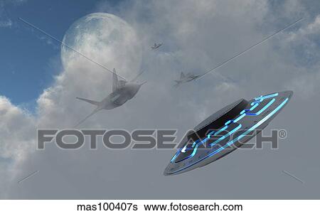 Stock Illustration - F-22 stealth fighter jets on the trail of a mysterious UFO.. Fotosearch