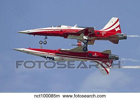 Picture - F-5 Tiger II aircraft of Patrouille Swuisse demonstrate the calypso pass.. Fotosearch