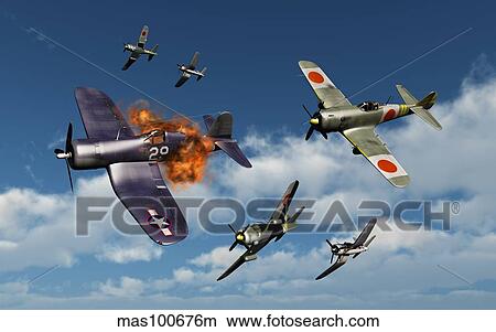 F4U Corsair aircraft and Japanese Nakajima fighter planes in aerial combat. View Large Illustration Stock Illustration - F4U Corsair aircraft and Japanese Nakajima fighter planes in aerial combat.. Fotosearch