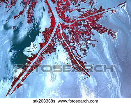 Stock Photograph - False color satellite view of the very tip of the Mississippi River Delta.. Fotosearch