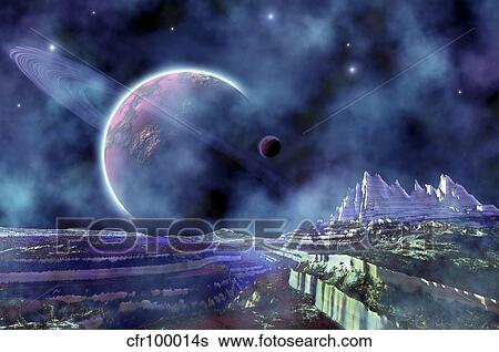 Fantasy alien world view of the universe. View Large Illustration Stock Illustration - Fantasy alien world view of the universe.. Fotosearch