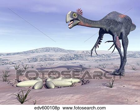 Stock Illustration - Female Gigantoraptor dinosaur walking to its nest full of eggs.. Fotosearch
