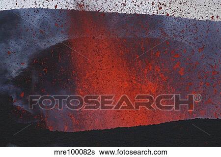 Stock Photograph - Fimmvorduhals eruption, lava fountains, Eyjafjallajokull, Iceland.. Fotosearch