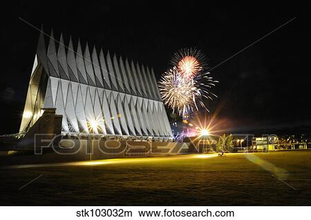 Fireworks explode over the Air Force Academy Cadet Chapel. View Large Photo Image Picture - Fireworks explode over the Air Force Academy Cadet Chapel.. Fotosearch