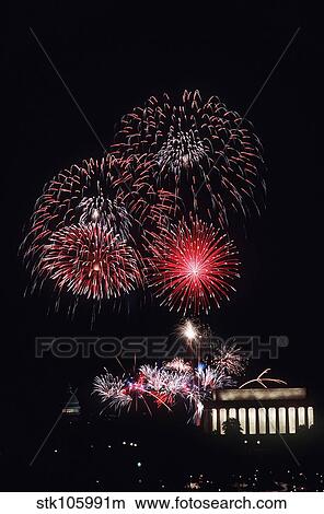 Fireworks light up the night sky above the Lincoln Memorial. View Large Photo Image Picture - Fireworks light up the night sky above the Lincoln Memorial.. Fotosearch