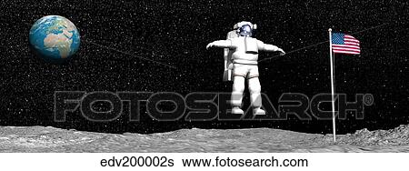 First astronaut on the moon floating next to American flag. View Large Illustration Stock Illustration - First astronaut on the moon floating next to American flag.. Fotosearch