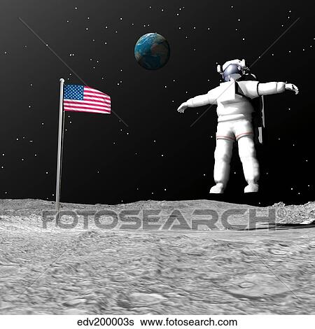 Stock Illustration - First astronaut on the moon floating next to American flag.. Fotosearch