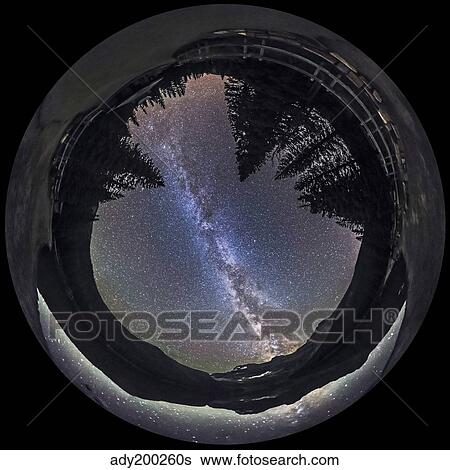 Stock Photograph - Fish-eye lens panorama of Milky Way at Cameron Lake, Alberta, Canada.. Fotosearch