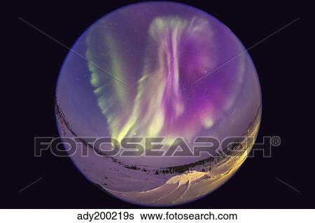 Fish-eye lens view of an aurora borealis in Churchill, Manitoba, Canada. View Large Photo Image Stock Photograph - Fish-eye lens view of an aurora borealis in Churchill, Manitoba, Canada.. Fotosearch